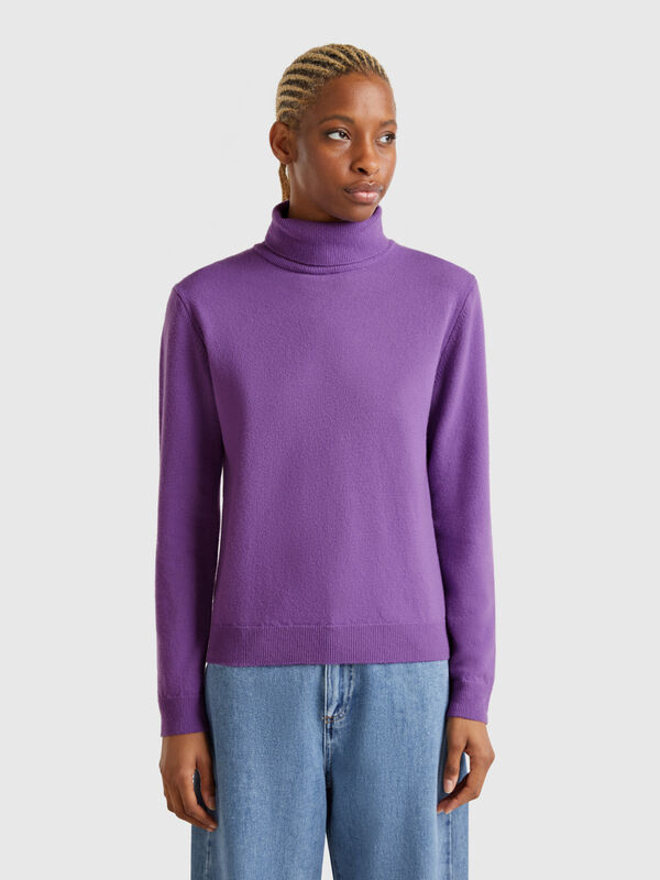 Jersey de cuello cisne morado de pura lana merina Mujer