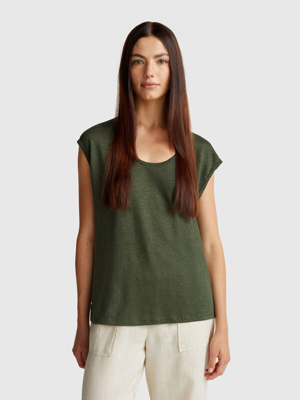 Camiseta de cuello ancho en puro lino Mujer