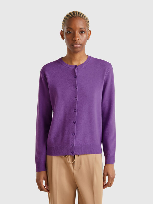 Cárdigan de cuello redondo morado de pura lana merina Mujer