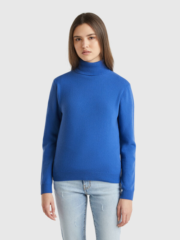 Jersey de cuello cisne azulado de pura lana merina Mujer