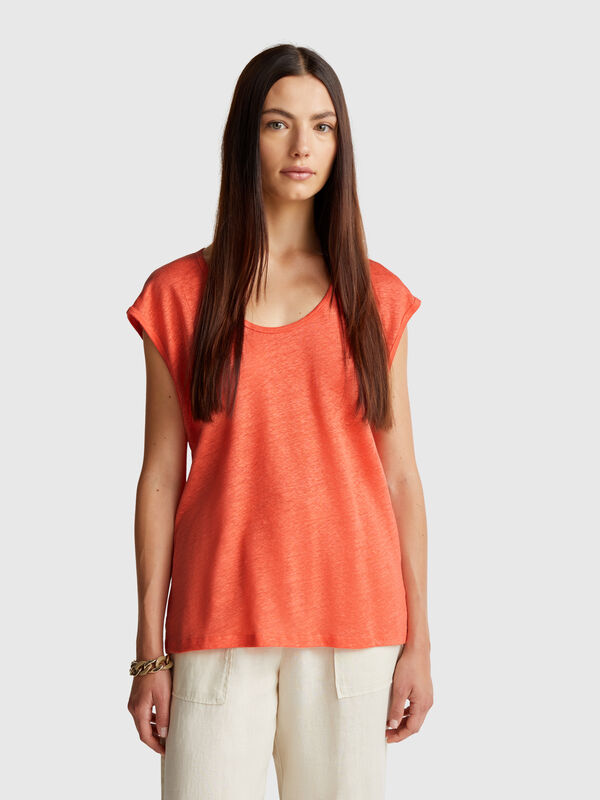 Camiseta de cuello ancho en puro lino Mujer