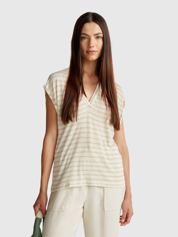 Camiseta mezcla de lino a rayas Mujer