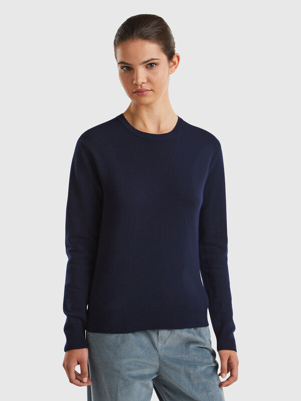Jersey de cuello redondo azul noche de lana merina Mujer