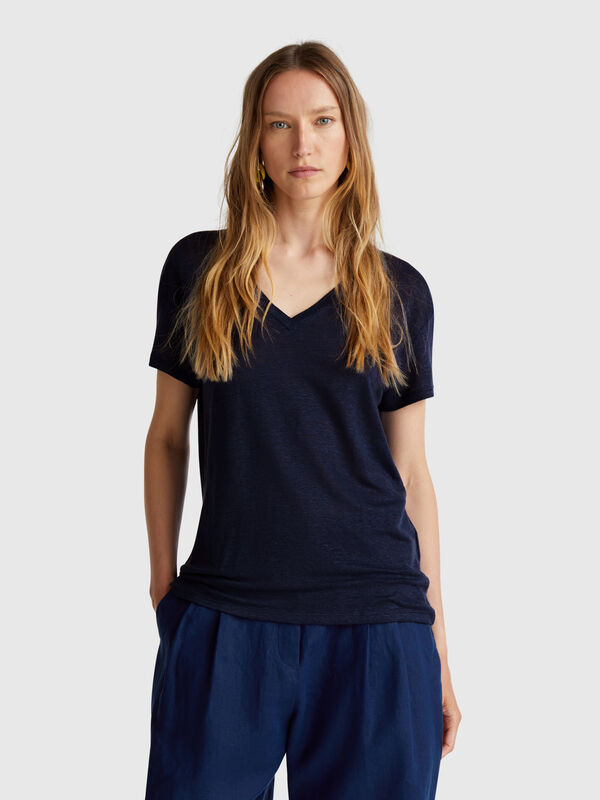 Camiseta con cuello de pico en puro lino Mujer