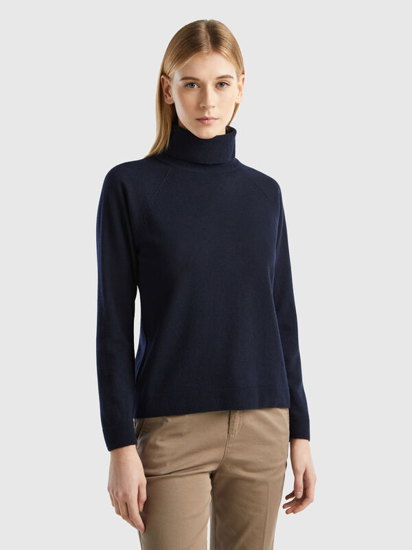Jersey de cuello cisne azul noche en mezcla de lana y cachemir Mujer