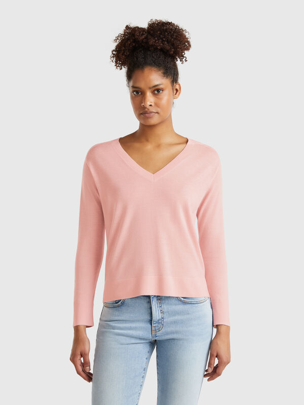 Jersey con cuello de pico en pura lana Merino Mujer