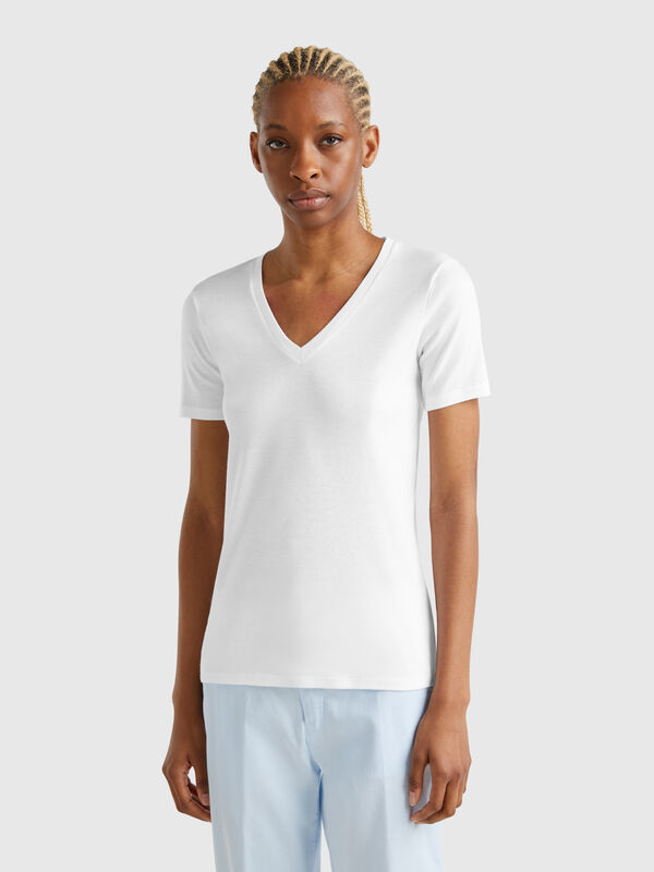 Camiseta de algodón puro con escote de pico Mujer