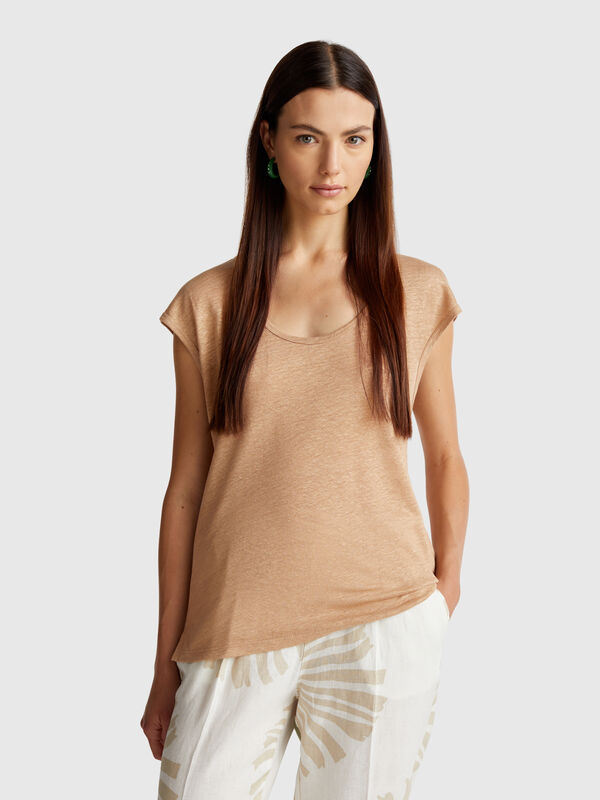 Camiseta de cuello ancho en puro lino Mujer